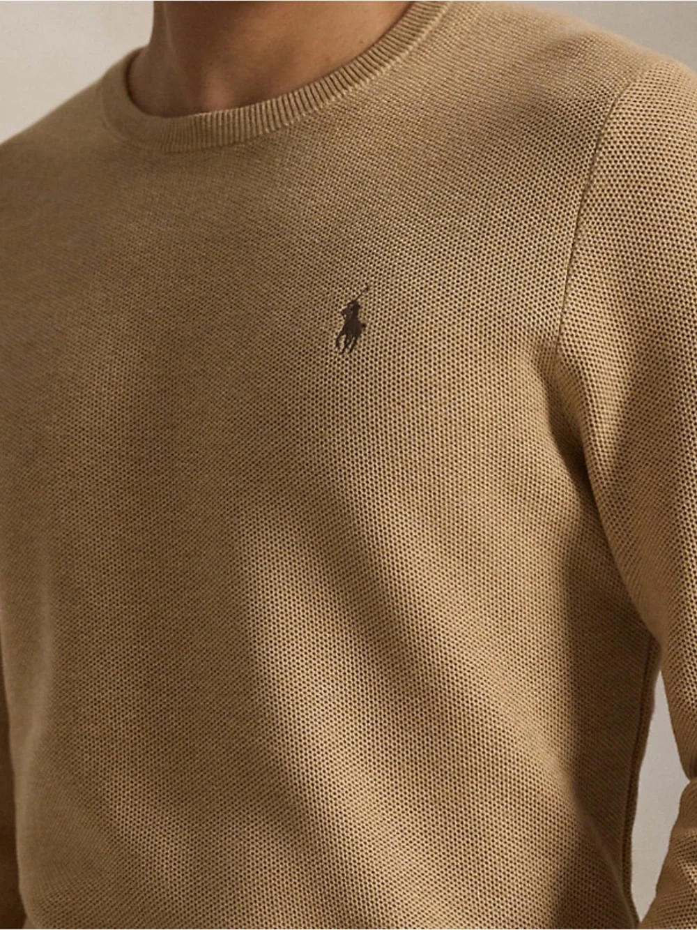 Polo Ralph Lauren Men Crewneck Sweater Mesh-Knit‎ Cotton Tan Camel Large Pony